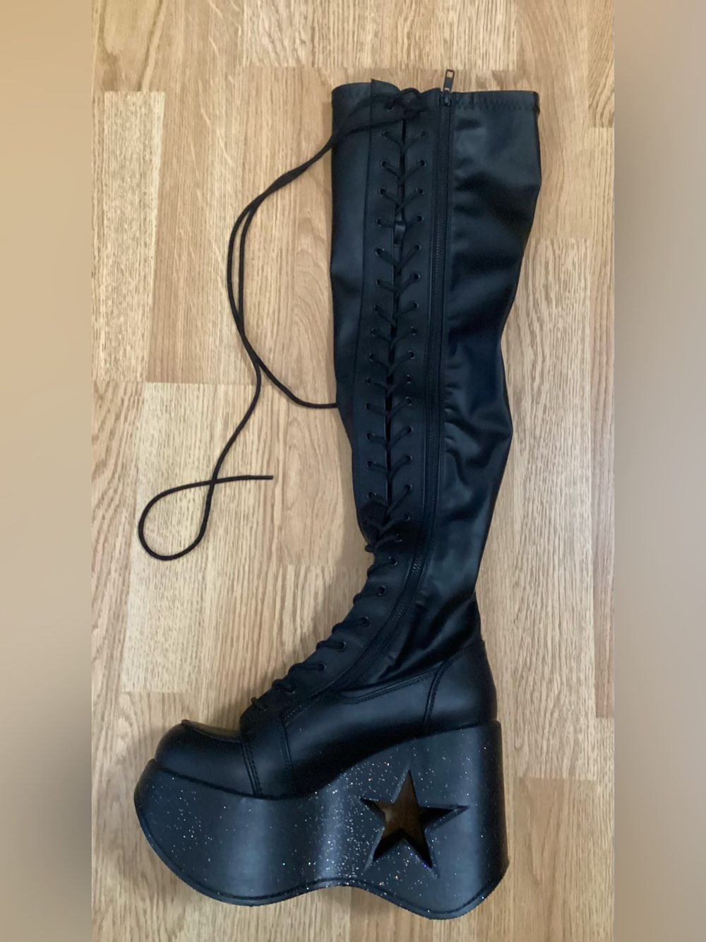 Demonia Dynamite-300 Black Matte Star Cutout Platform Thigh-High Boots Womens 9 - Picture 5 of 14